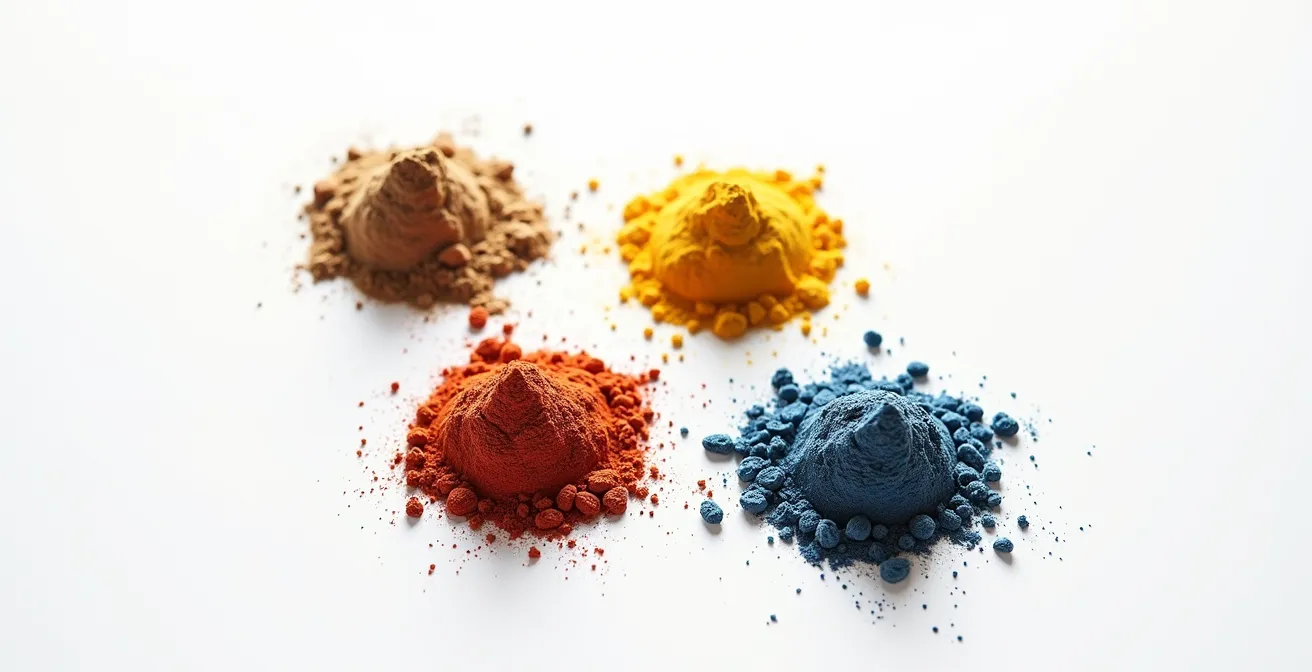 Arrangement artistique de poudres colorées représentant différents compléments sportifs